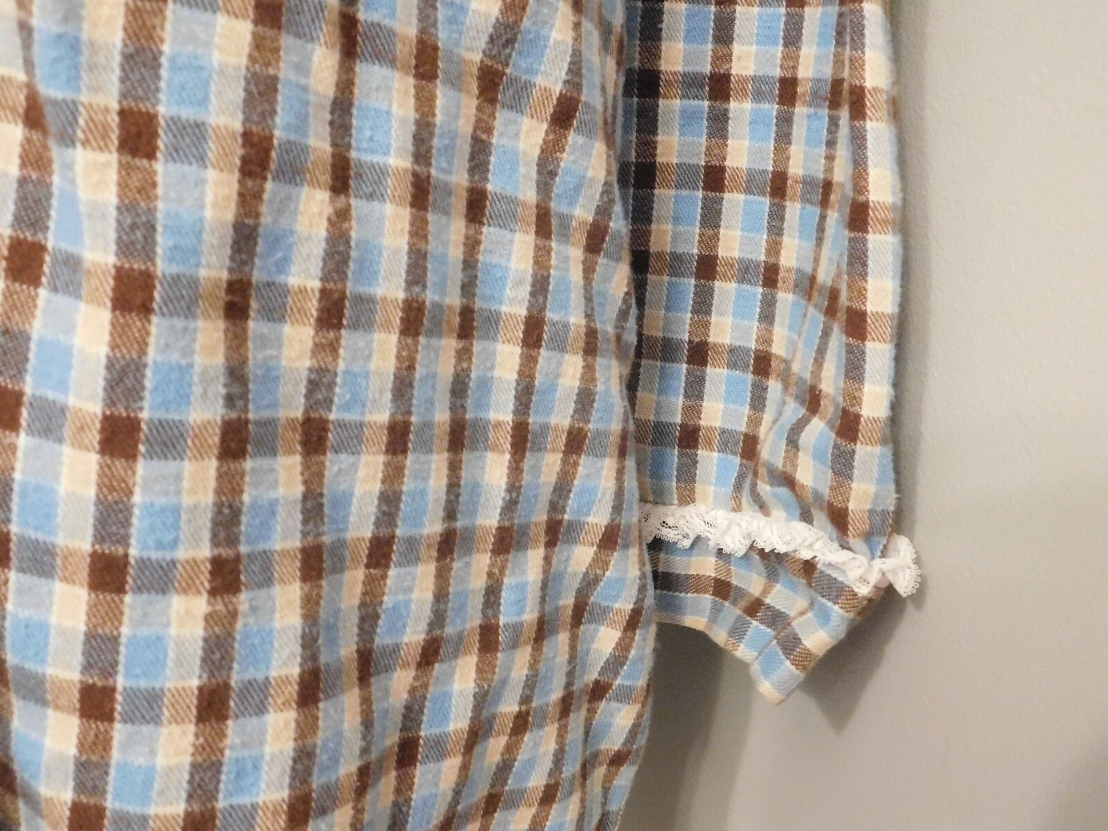 Vintage Size Small Blue Beige Brown Checkered Brandywine Short Flannel Nightgown