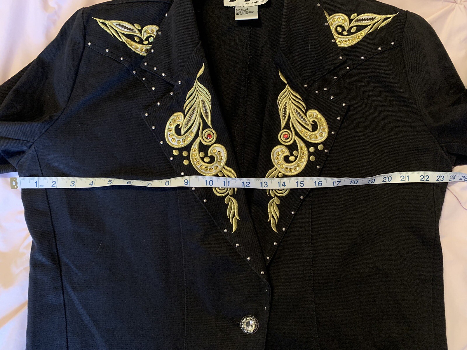 Vintage JenJen by Darian Blazer Black Denim Gold Embroidery Rhinestone Studded M