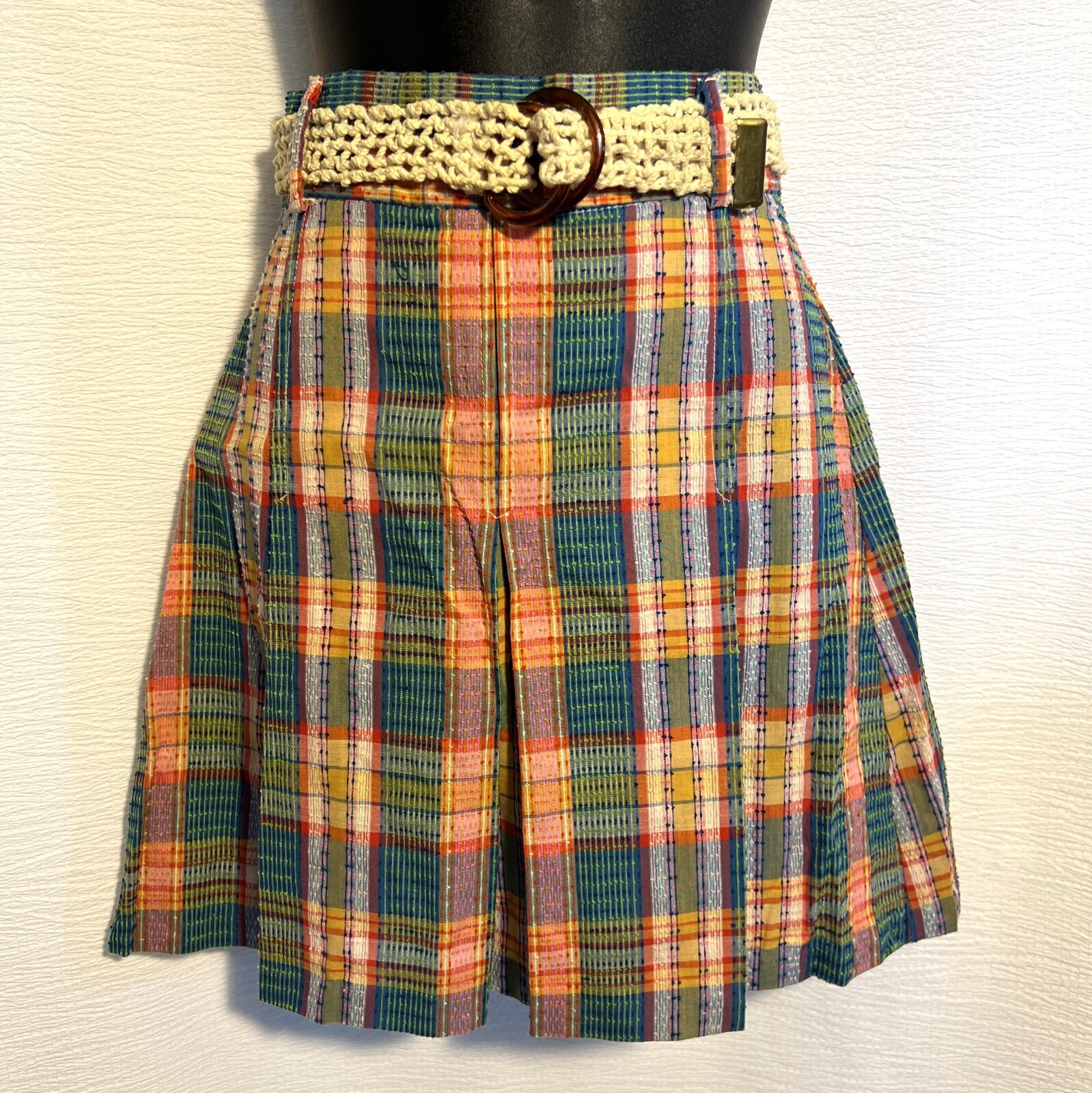 1970s Vtg 2pc Skirt Suit S Multicolored Nubby Plaid Short Sleeve Miss Pat w Belt