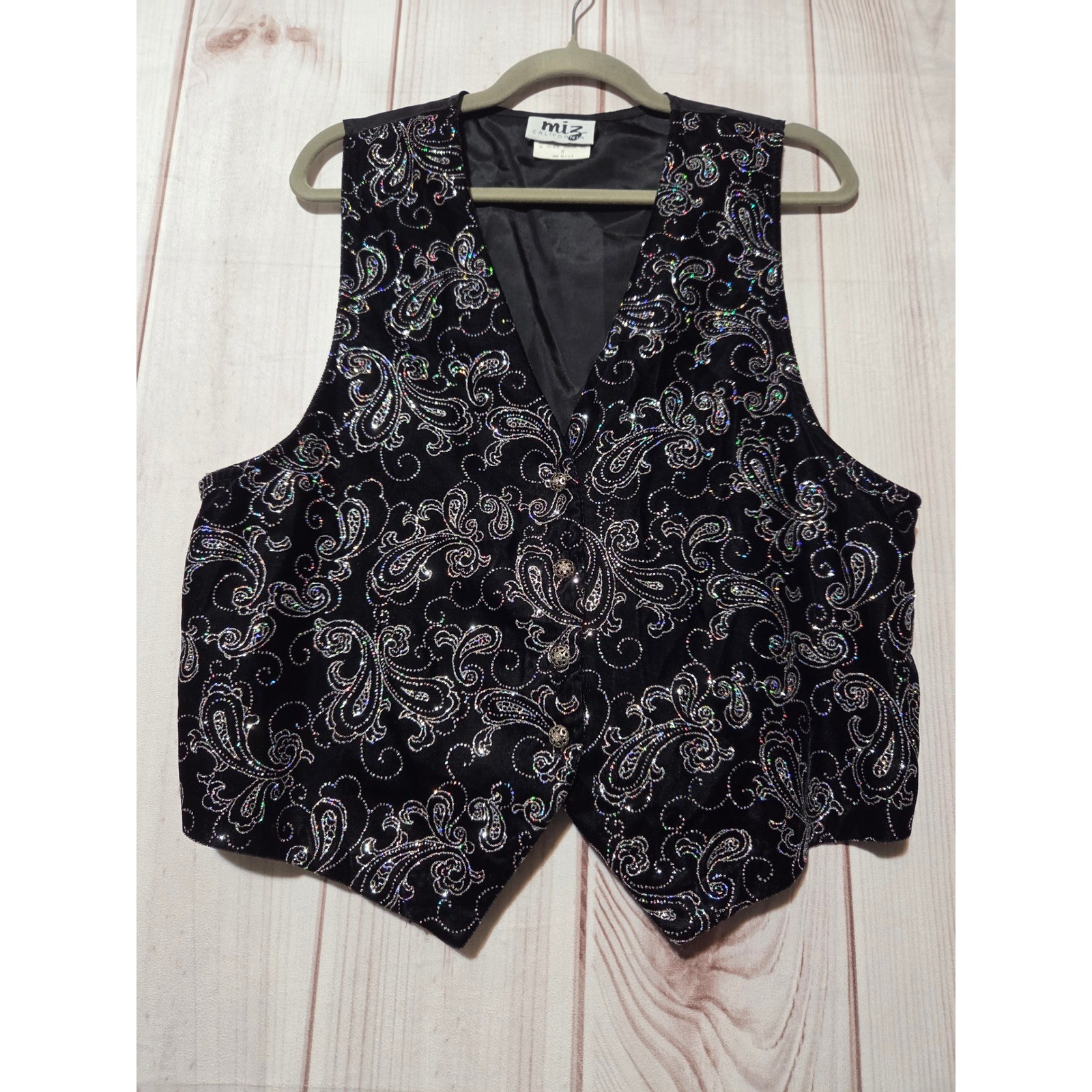 Miz California Vintage Velvet Paisley Glitter Vest Black Silver Button M