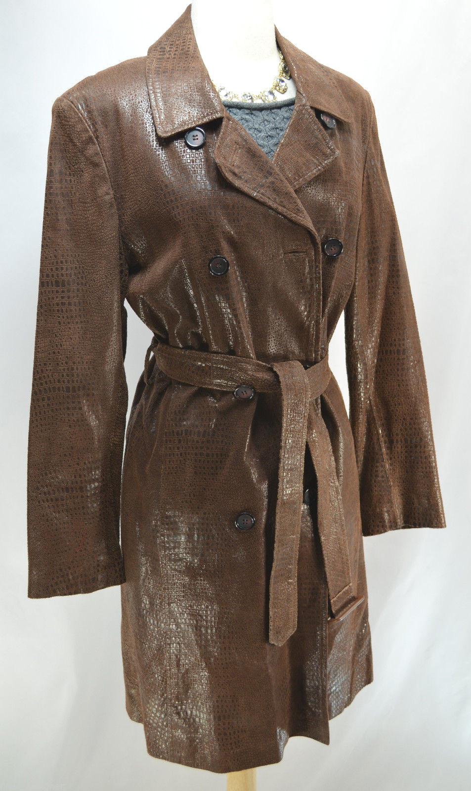 Marvin Richards Chocolate Brown Leather Reptile textured long coat trench VTG S