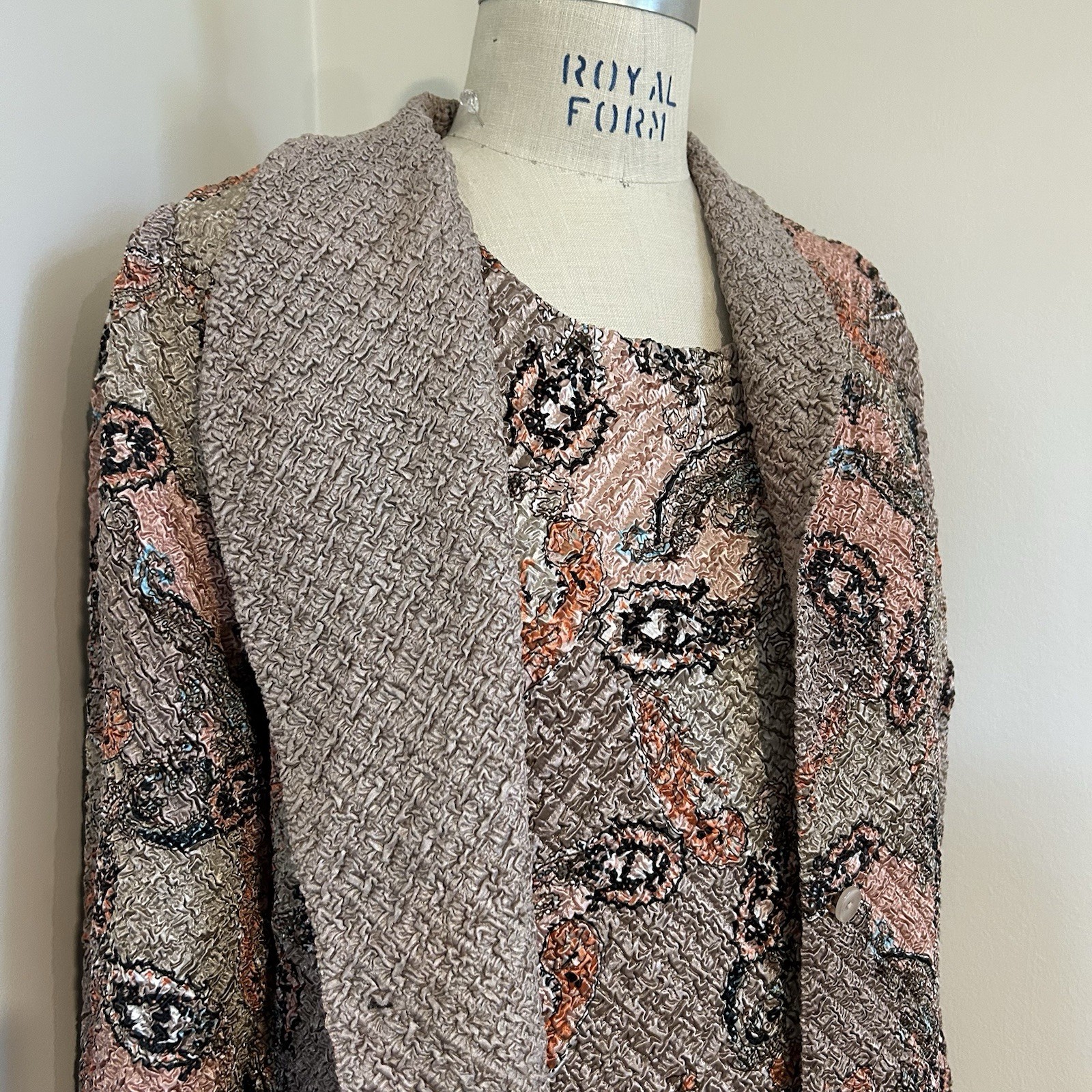 VTG 90s Reversible Paisley Jacket Tank Set Taupe Pink Crinkle Texture Sz M