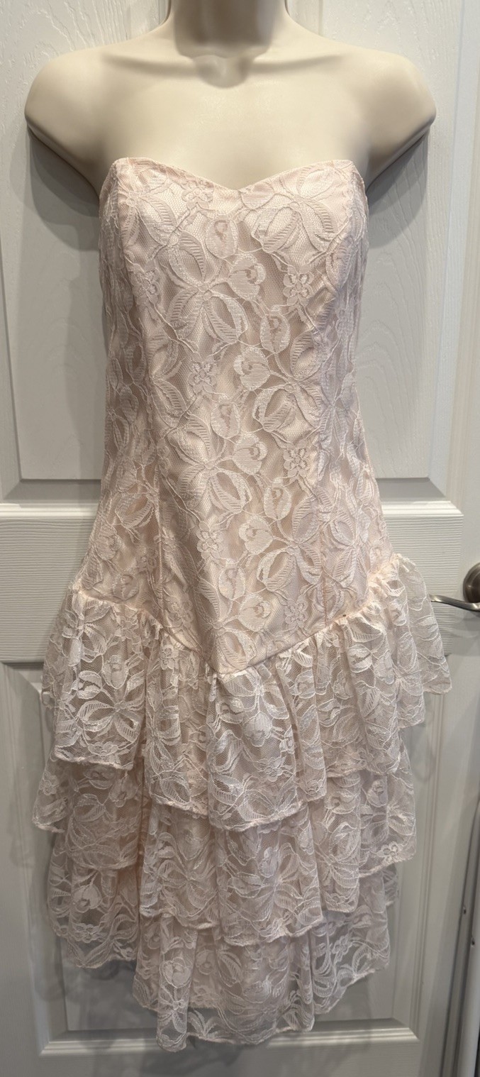 Vintage FLIRTATIONS 80s Prom Party Dress Pink Lace Ruffle Strapless S Alfred Ang
