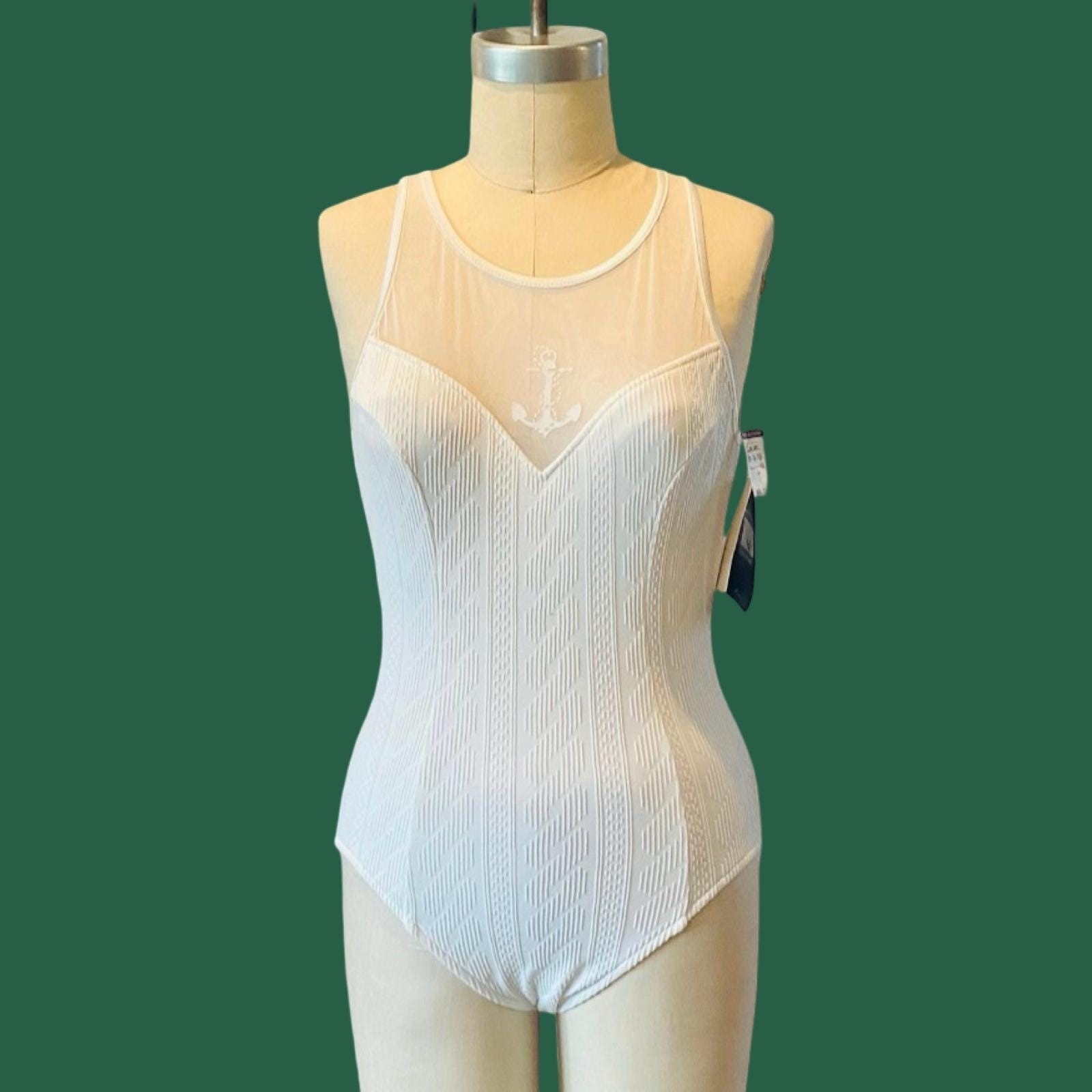 Vintage Jantzen Cable Knit White One Piece Mesh Window Swimsuit, Size 10