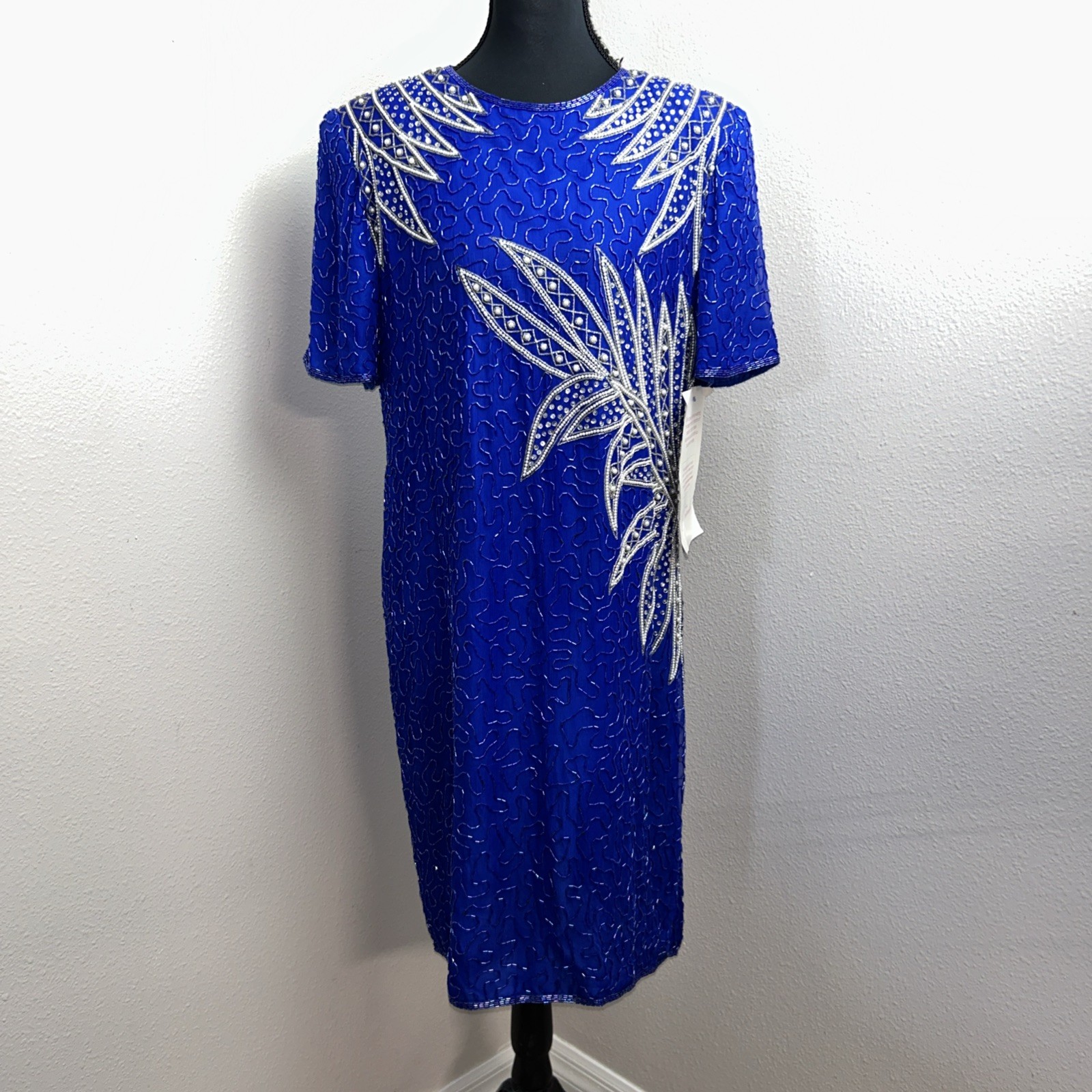 New Vintage Jewel Queen Dress Women’s Medium Blue 80’s Hand-Beaded Silk Artsy