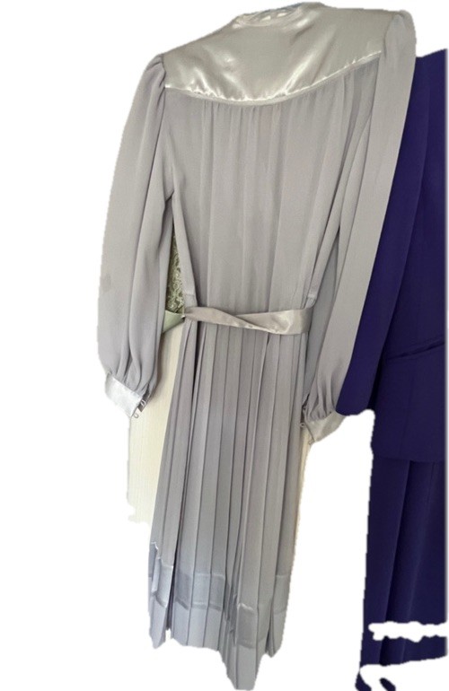 Vintage 1970’s Elegant Women’s Pleated Dress in periwinkle grey secretary, satin
