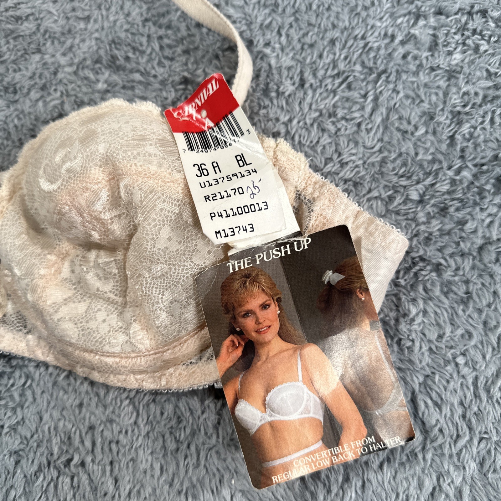 Vintage Carnival Bra – 36 A The Push Up Lace Nylon Beige 1970s Pearls