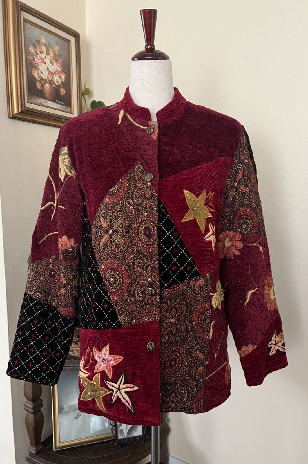 Alex Kim Vintage Burgundy Embroidered Patchwork Jacket sz Petite M