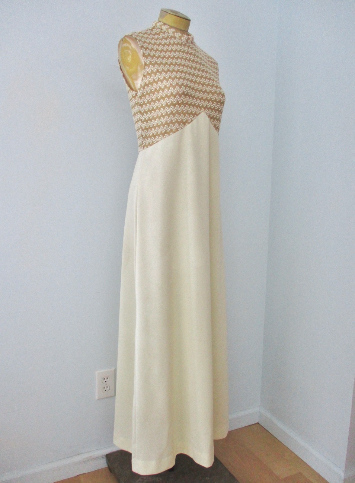 Vtg 60s 70s Cream Sparkly Gold ZigZag Knit 2-Pc Maxi Dress Gown Jacket Suit S/M