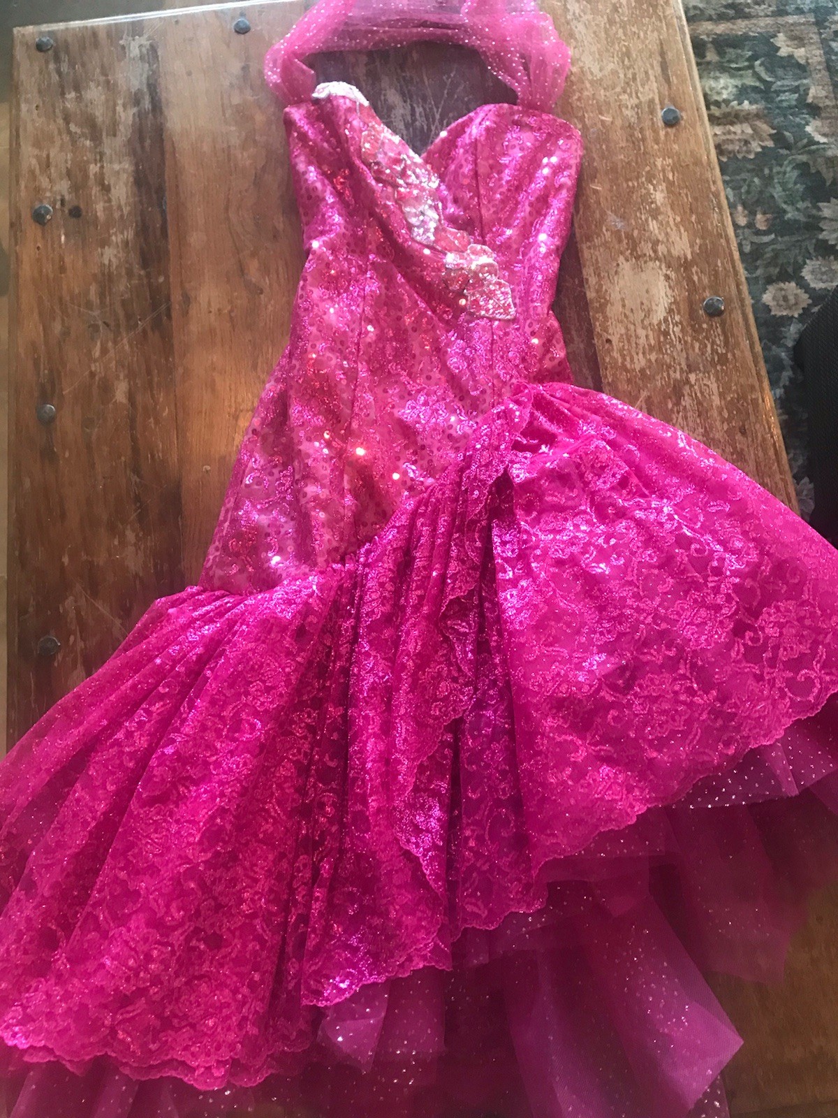 VTG 1991 Hot Pink Barbie Dress LORALIE slanted hem glitter sequin statement