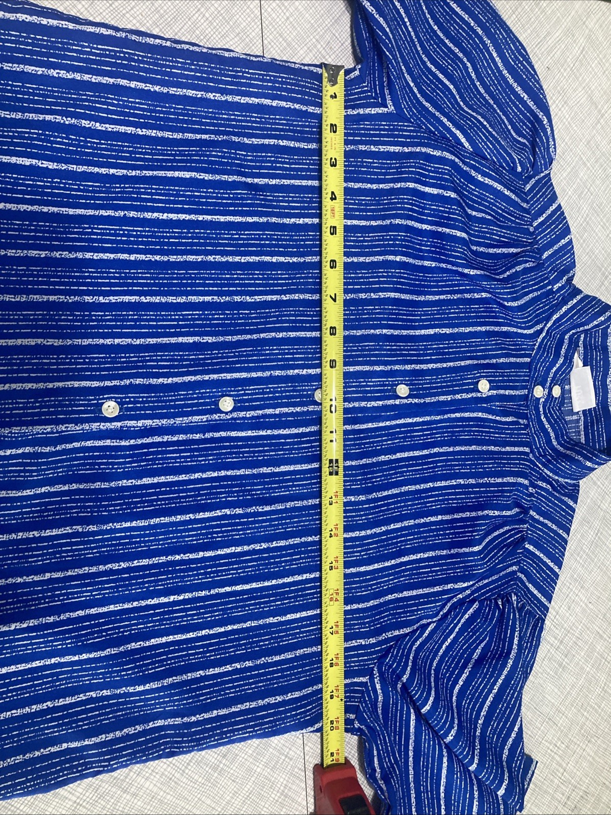 Vtg 70s rrrrruss Russ Togs Sz 14 Blue White Striped Puff Sleeve Blouse ILGWU EUC