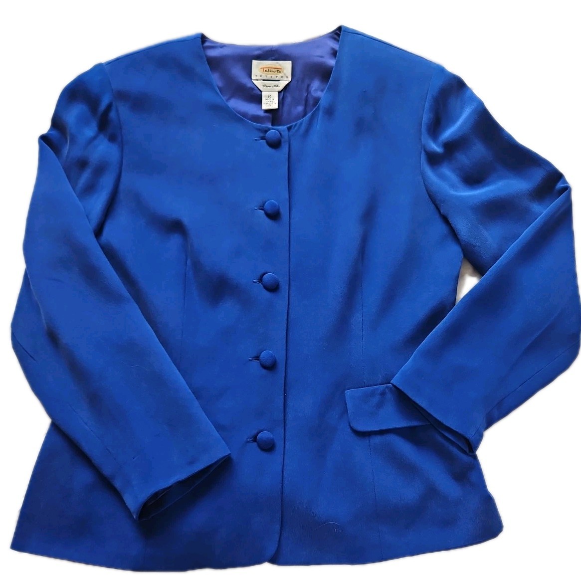 Talbots Petites Pure Silk Suit Jacket Career Cobalt Blue Covered Buttons Size 10