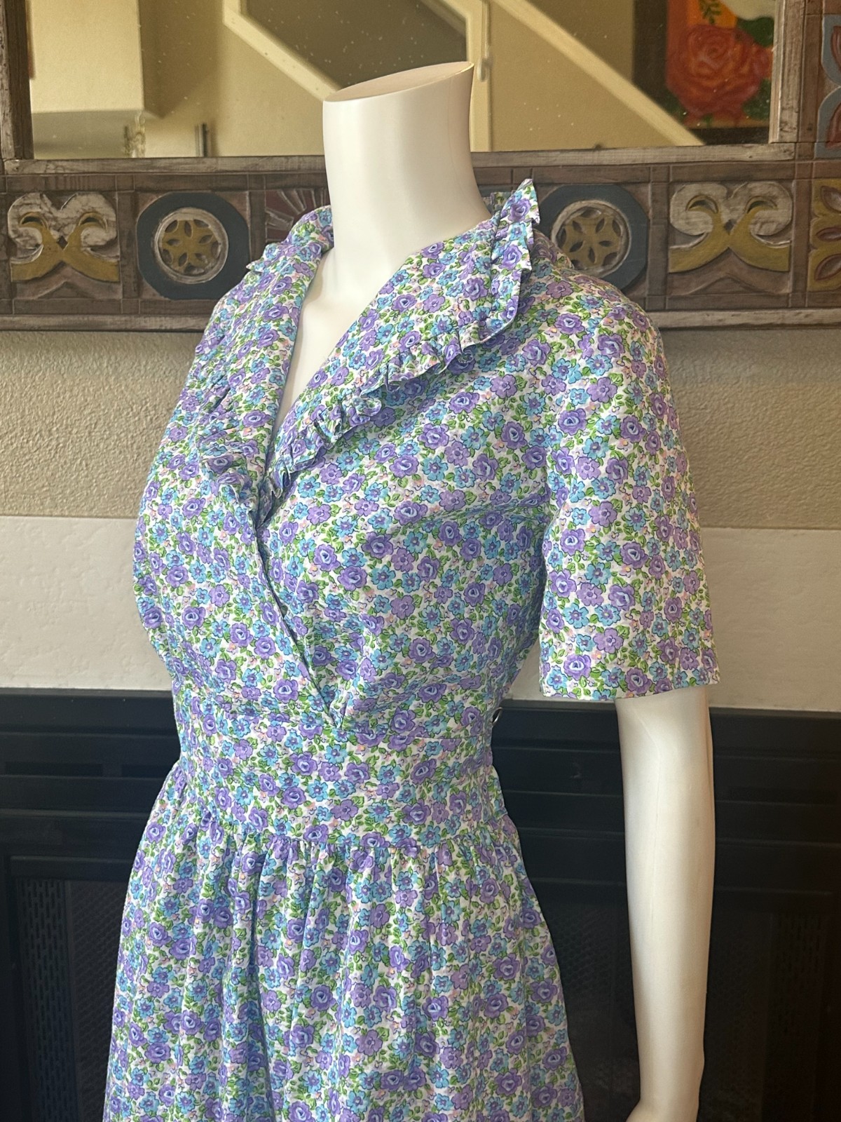 Vtg Lg 1950s Full Skirt Day Dress tea collared Handmade Floral a-line MCM Party