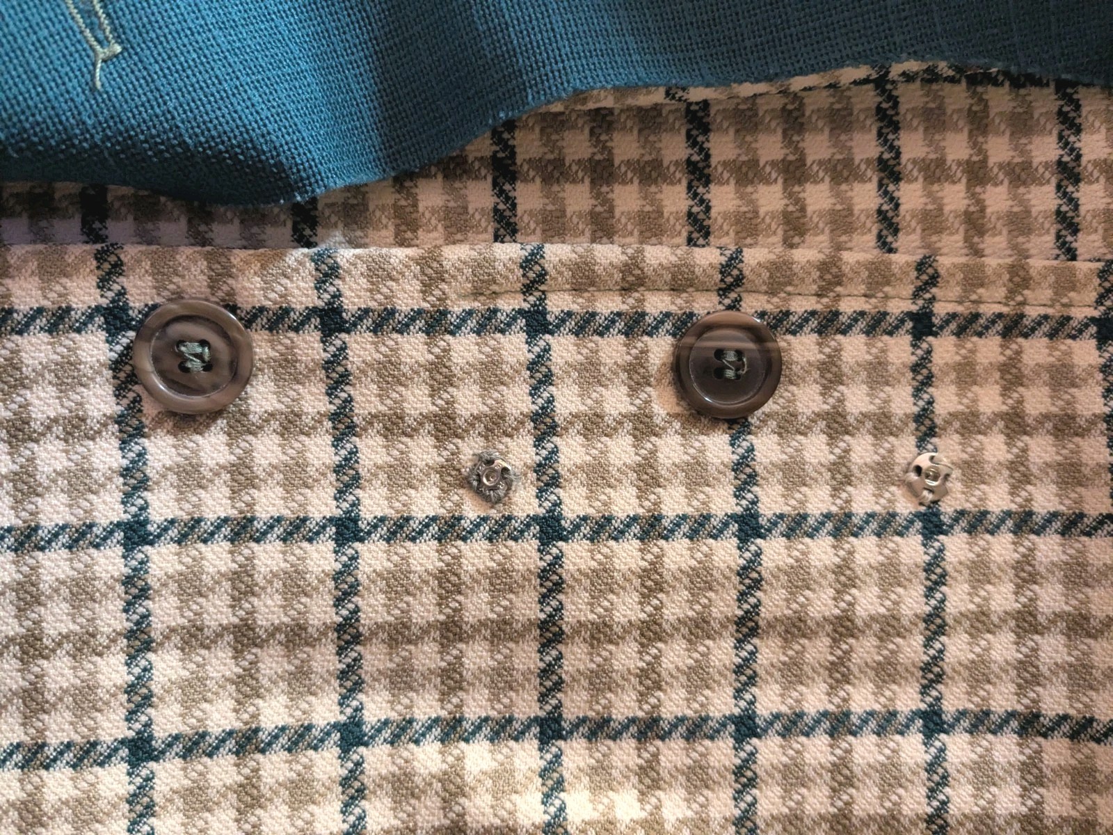 Vintage Handmade 70s Mod Plaid Shirt Dress Teal Collar Cuffs A-Line Retro Style