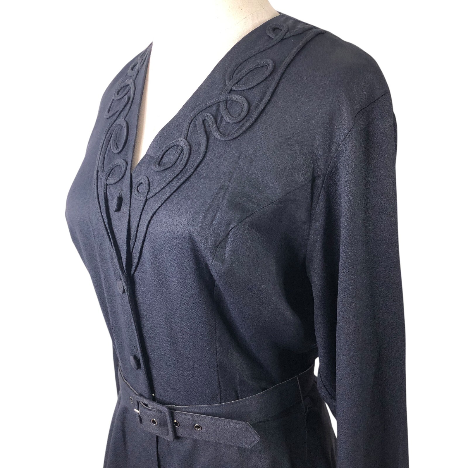Carol Anderson Vintage Dress Size 6 Navy Blue Soutache Belted Peplum Mourning