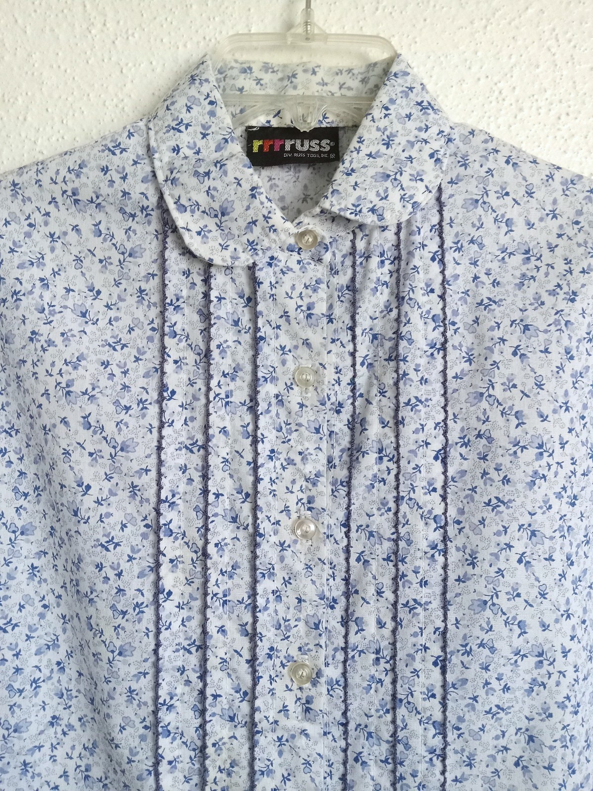 Vintage Rrrruss White Shirt Blue Floral Ditsy Pattern Vertical Pleating