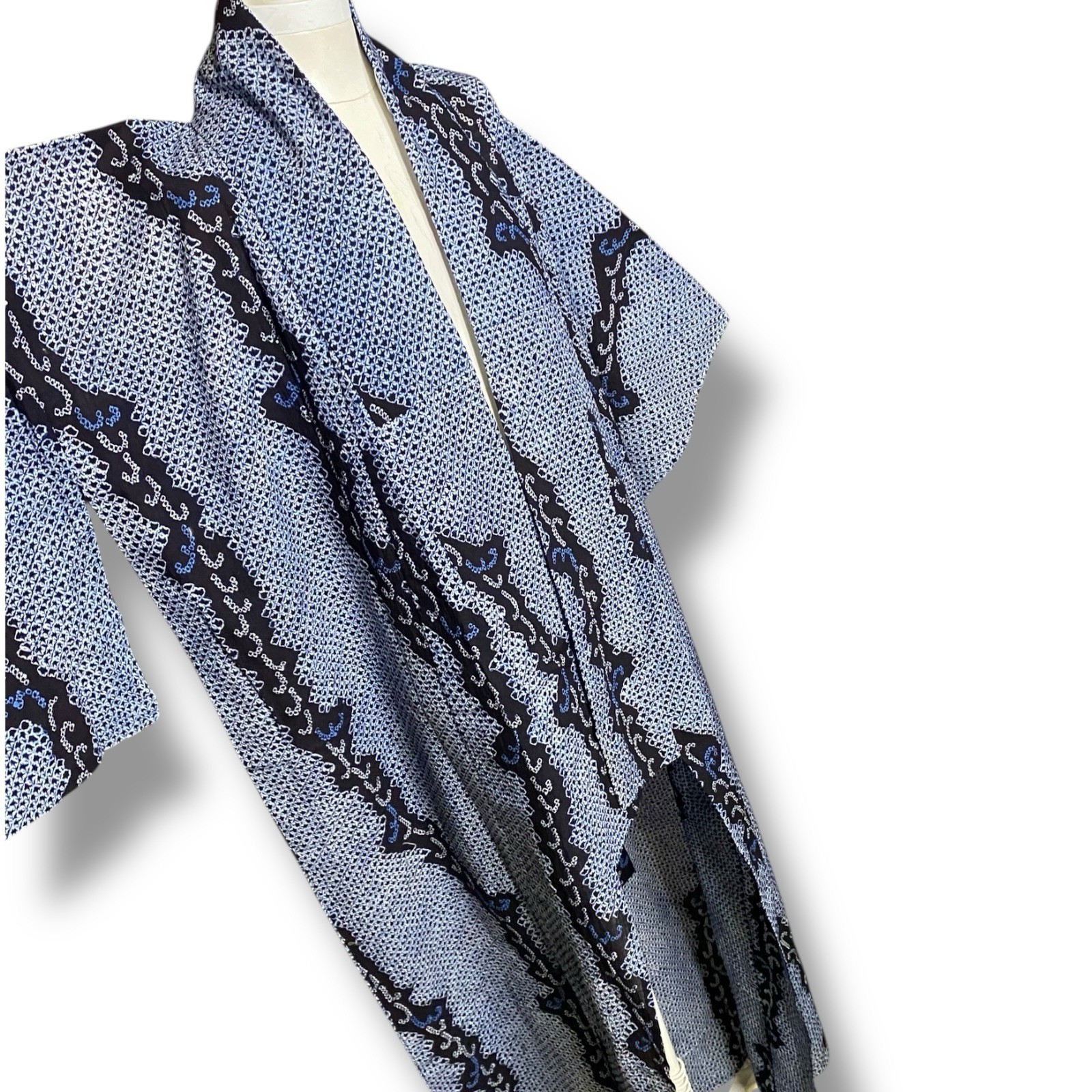 Vintage Kimono Robe Blue Hand Dyed Cotton One Size Full Length 1970s Unisex