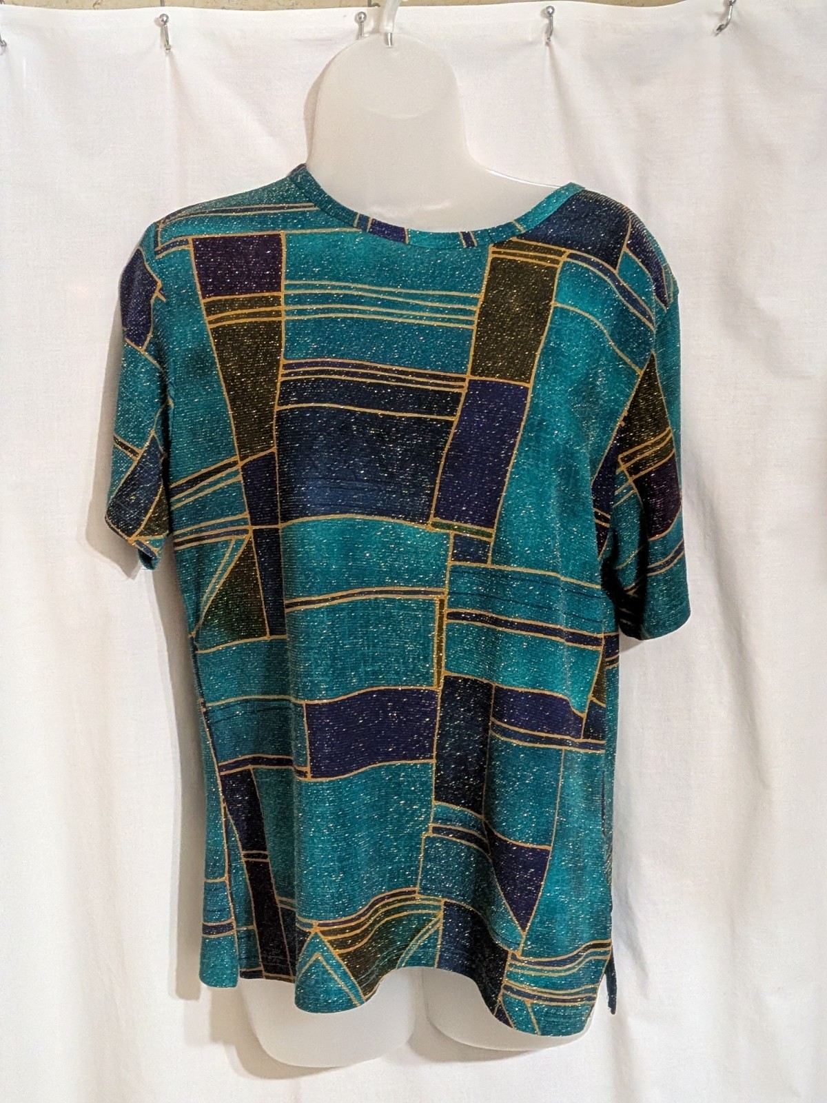 VTG 90s Erin London Short Sleeve Stretch Sparkly Color Block Shirt Sz M