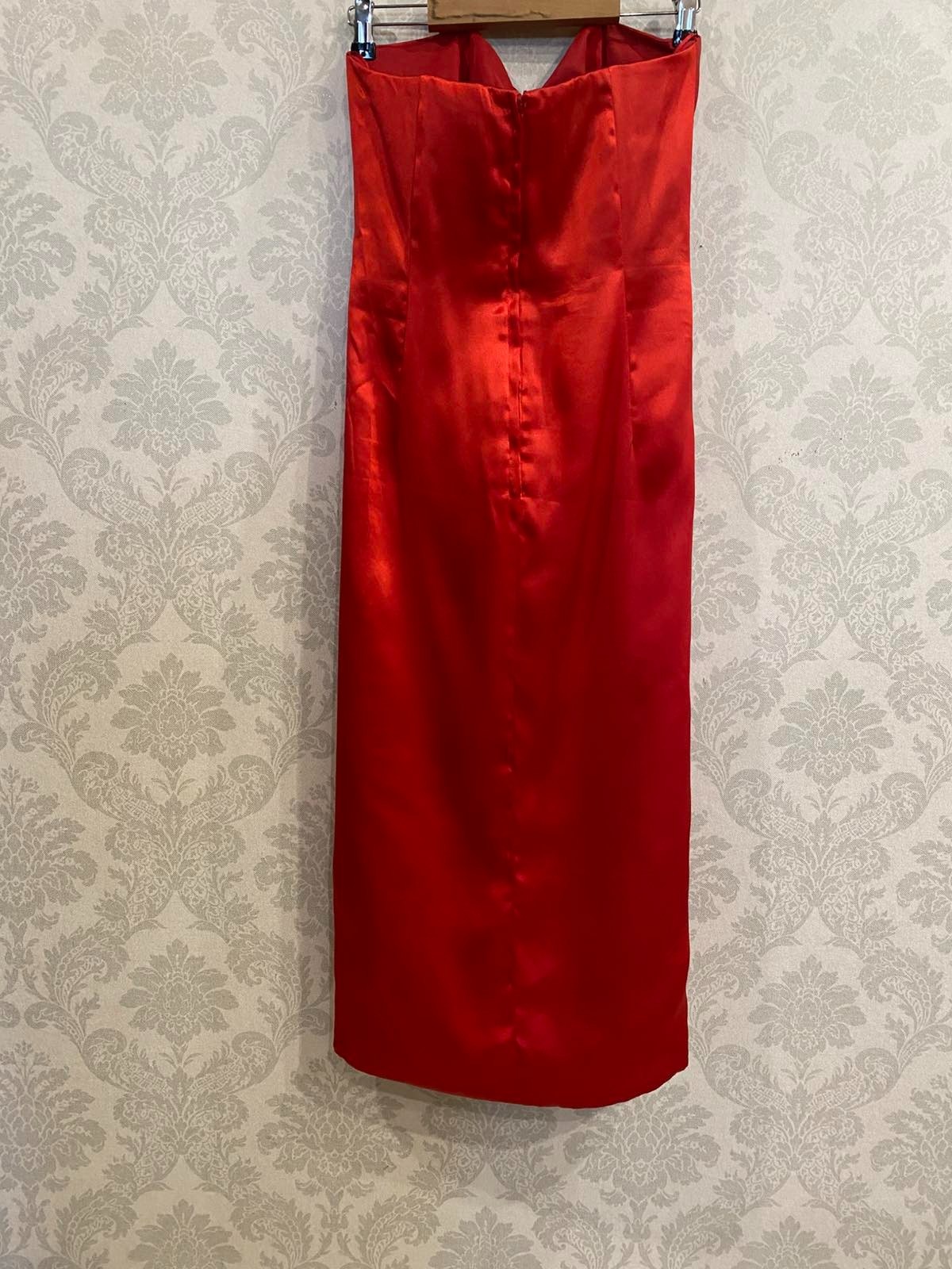 Vintage 80s TRAVILLA Denson Red Satin Ruched Strapless Gown Evening Dress UK 12