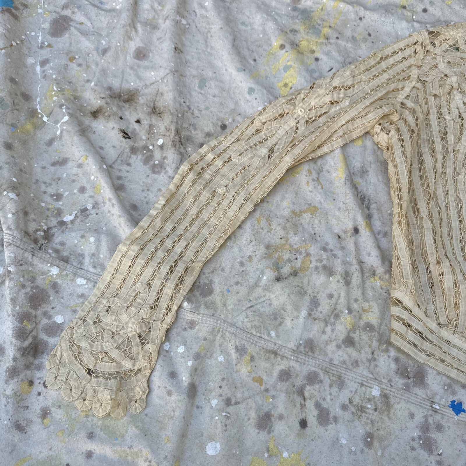 Antique Edwardian Ecru Handmade Tape Lace Leaves Dress Blouse Top Bodice Vintage