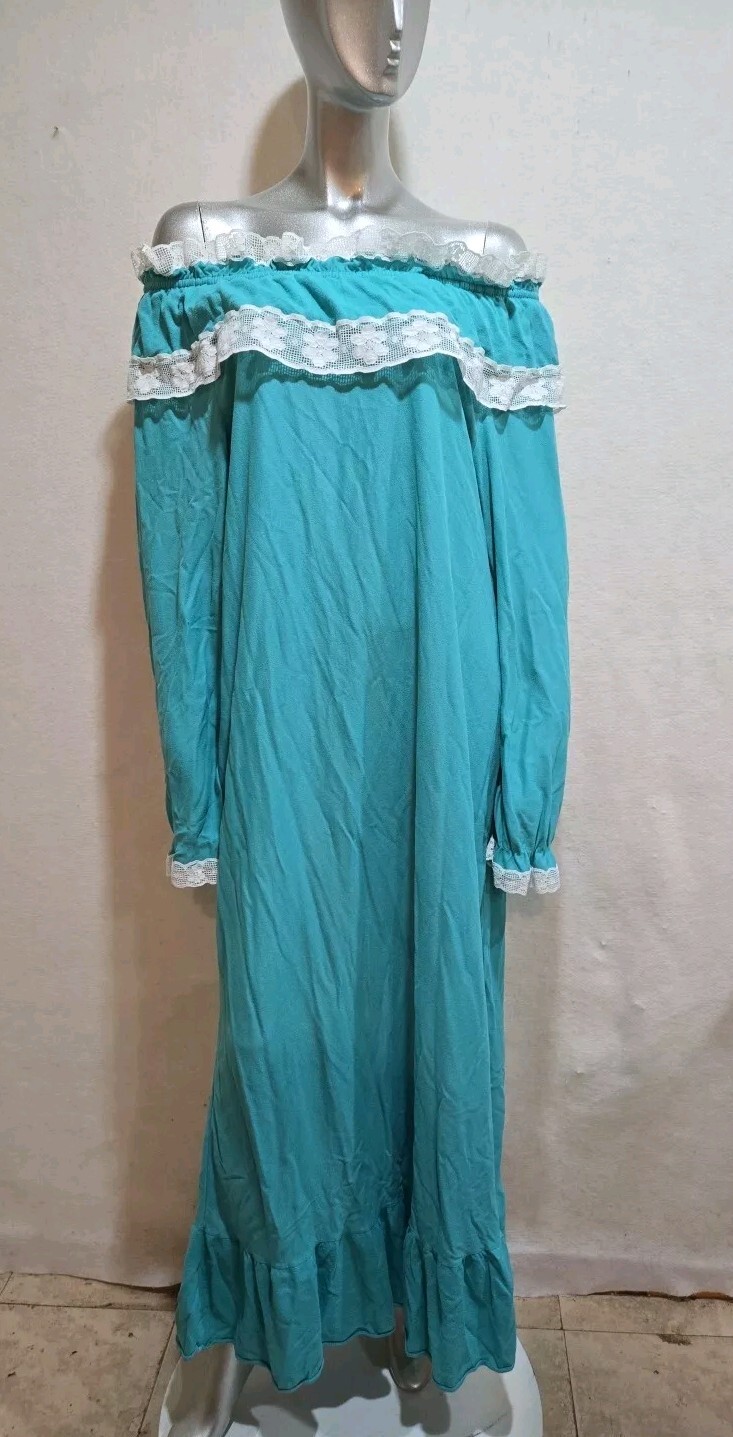 Vtg 70s Mistra Long Sleeves Semi Sheer Stretchy Shoulder, Green Nightgown Large