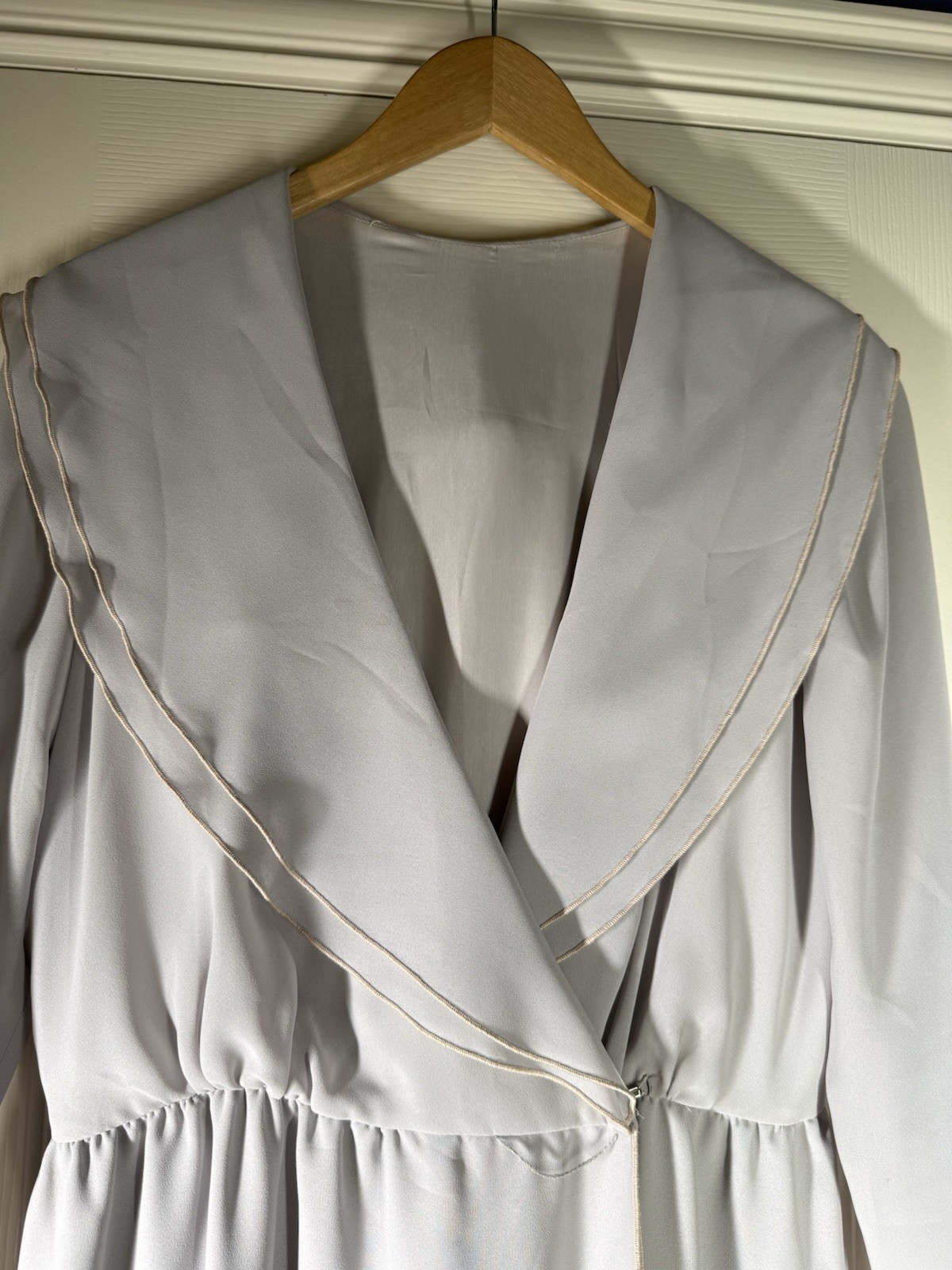 Vintage 70s Kay Kipps New York Ruffle Portrait Collar Maxi Dress M Gray Crepe