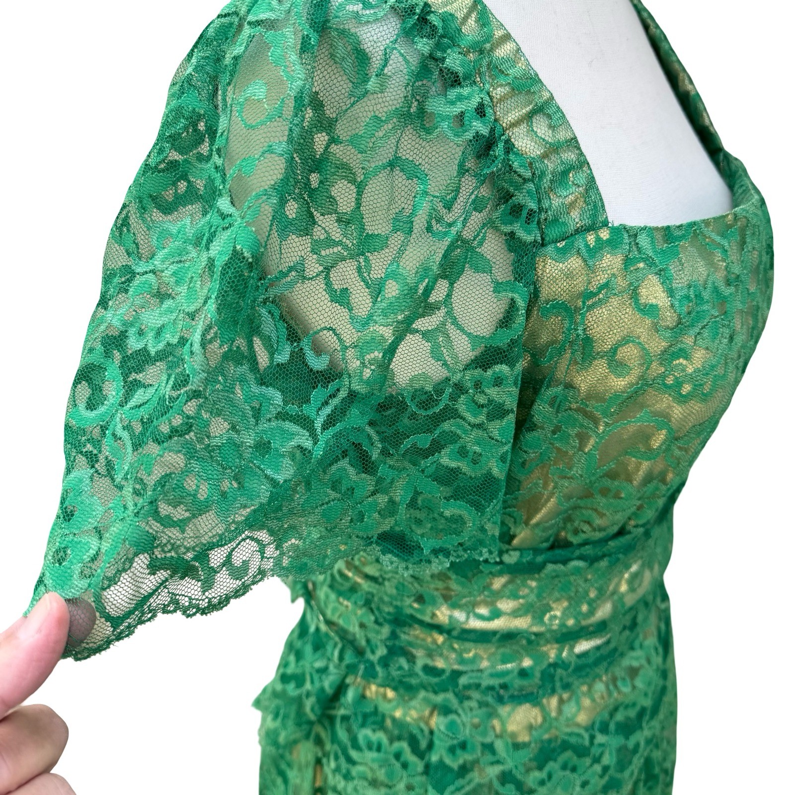 Vintage Green Floral Lace Gold Metallic Tiered Maxi Dress Square Neck Handmade