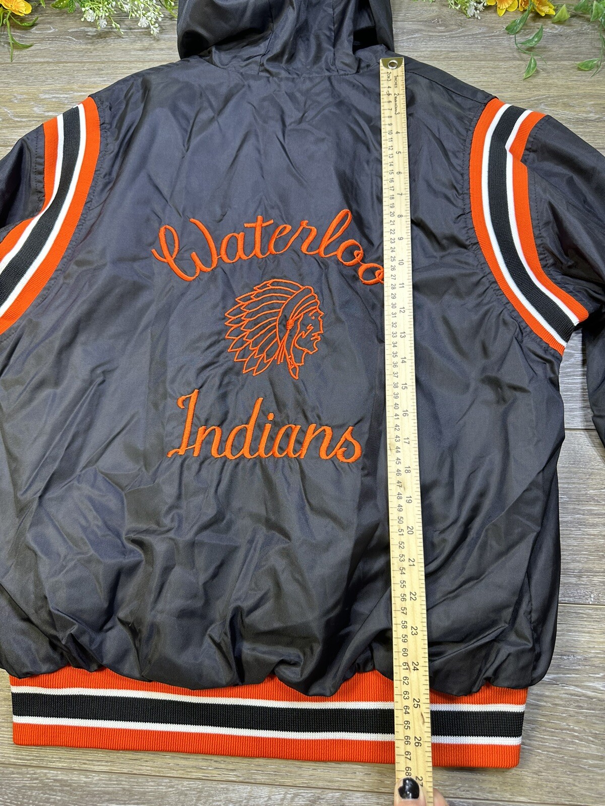 Waterloo Indians High School Satin Varsity Jacket Hooded Medium Vintage USA Made