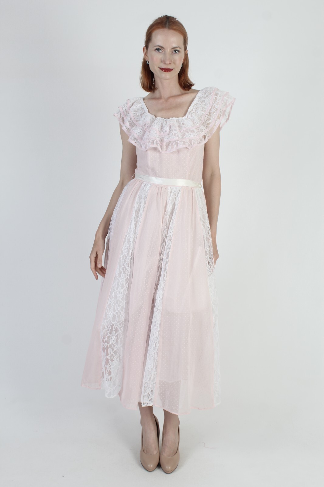 Vtg Pink Polka Swiss Dot Dress 70s Romantic Country Saloon Off Shoulder Dress