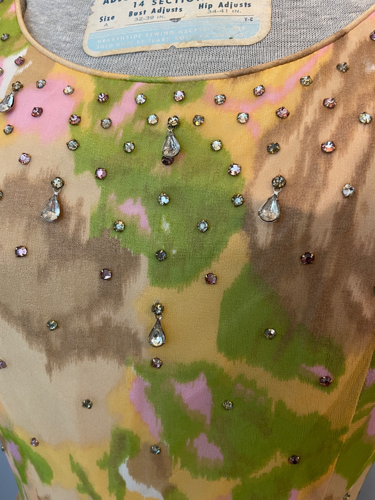 1950s Silk Cocktail Dress with Teardrop Rhinestones Gold Pink White Floral XS