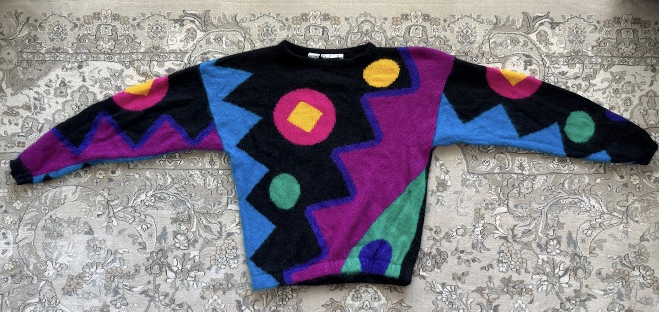 Rafaella 80s New Wave Sweater Angora Sweater, Bright Geometric Pattern sz Small