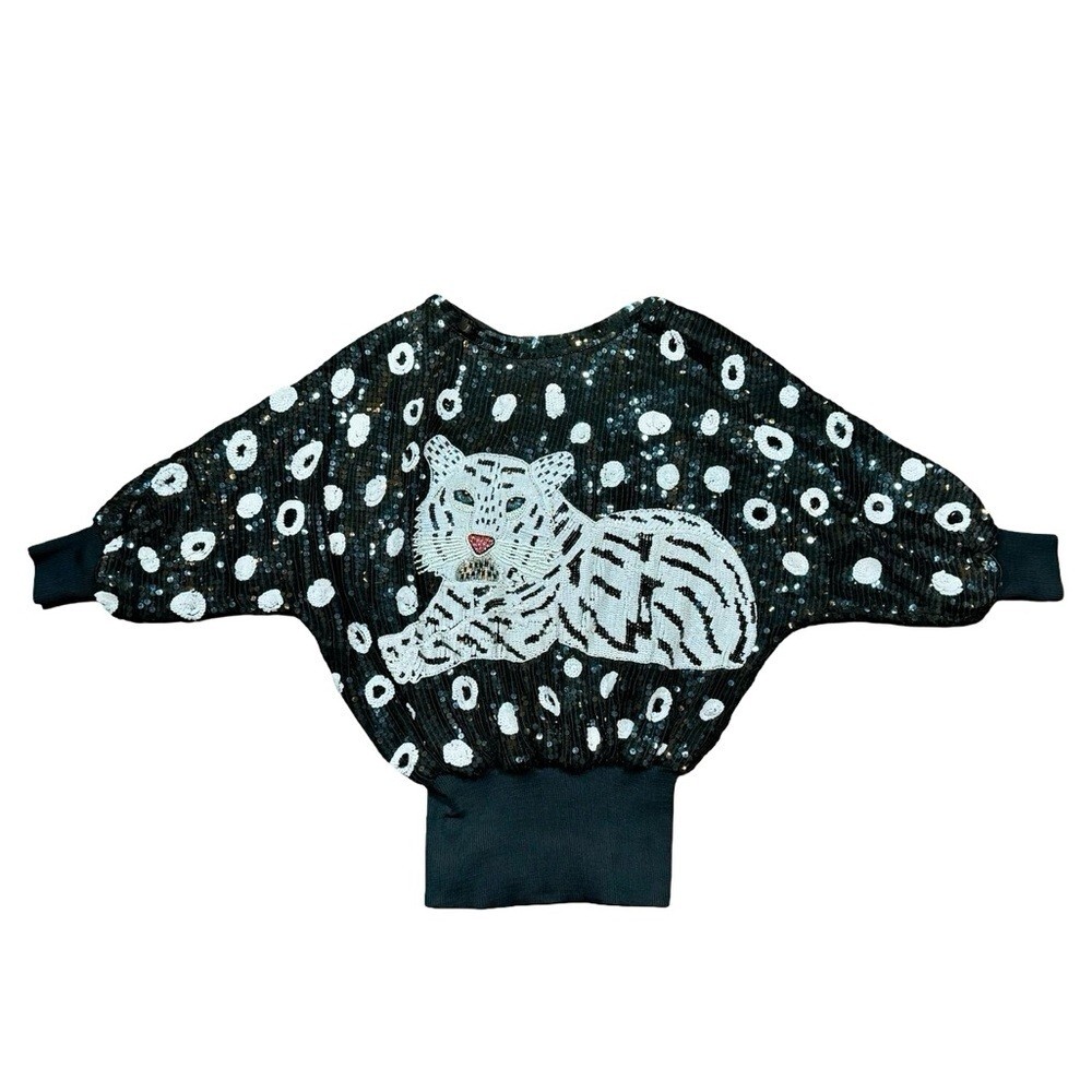 True Vintage 80s Sequin Beaded Tiger Top Dress Black Silk Batwing Sleeve One Siz