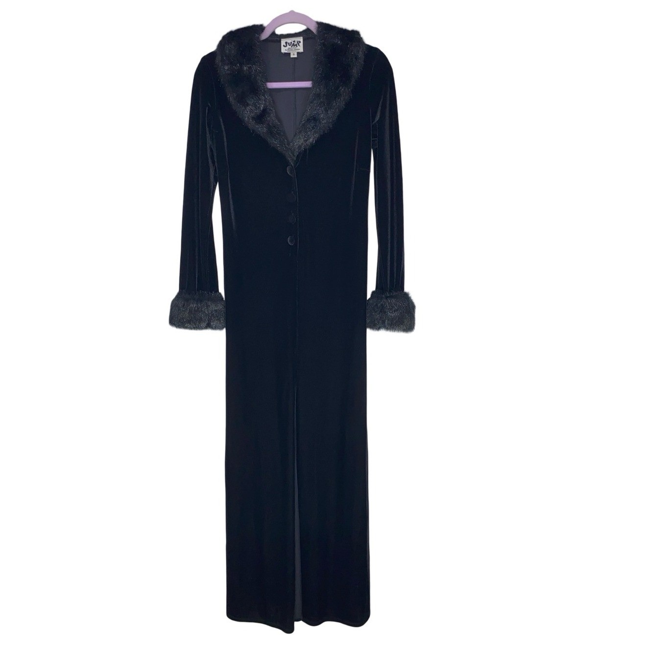 Vintage 90s Jump Apparel Black Velvet Faux Fur Trim Maxi Duster Cardigan