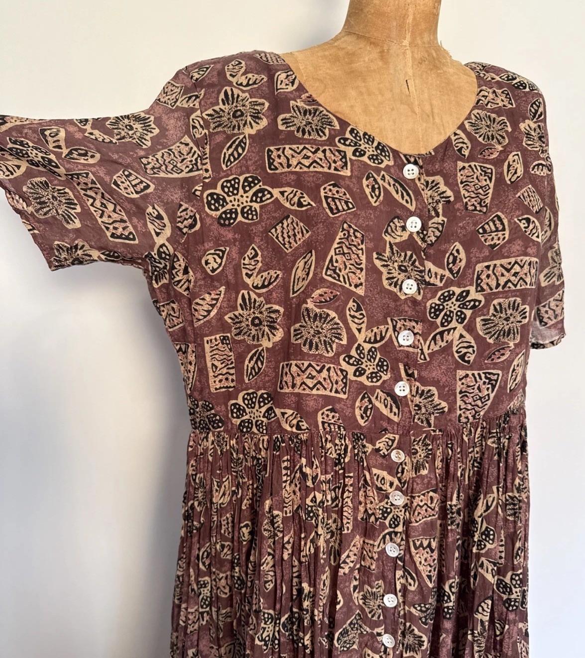 Vintage Gauzy Button Front Cotton Dress Floral Tribal 90’s Grunge Boho Cottage L