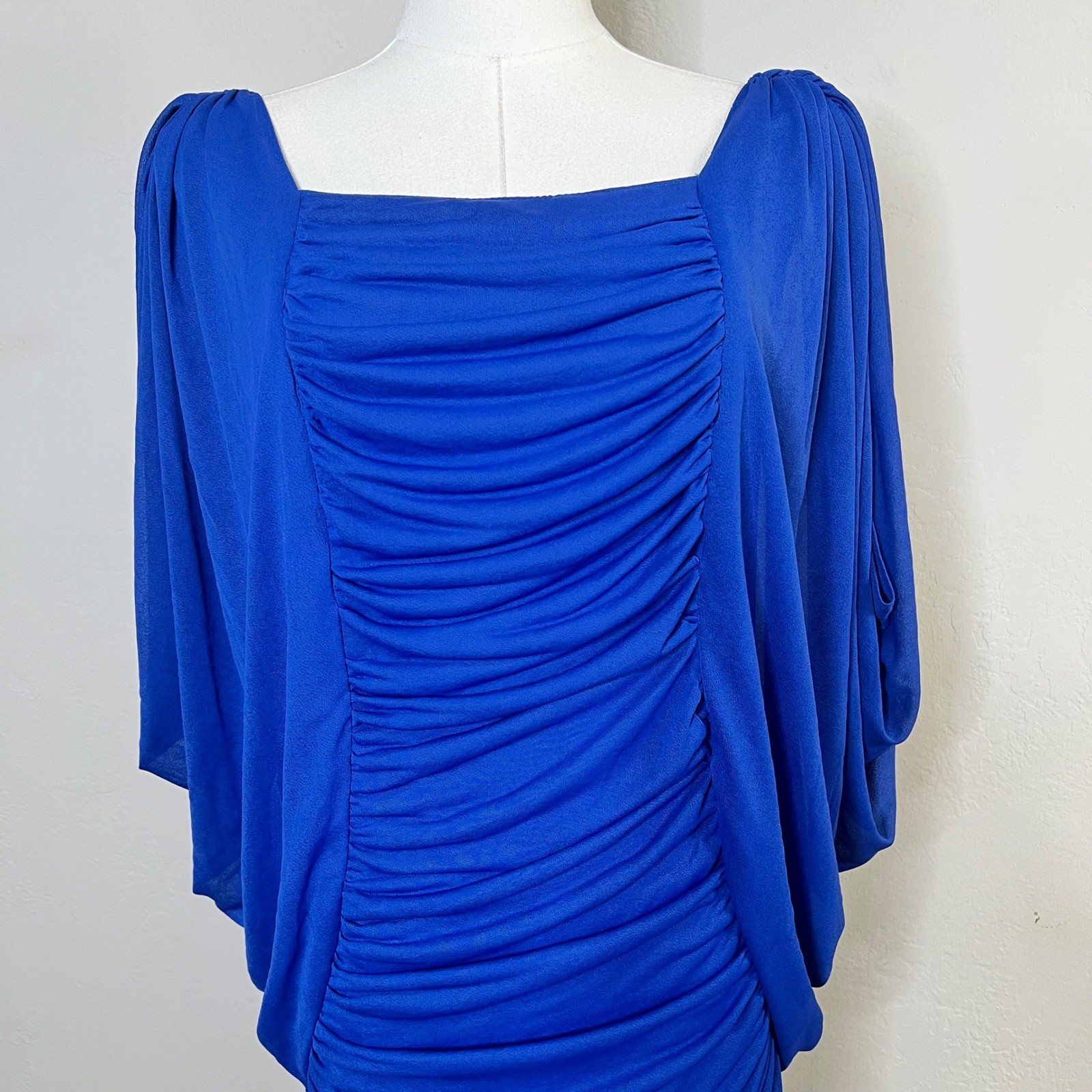 Vintage Nancy Bracoloni ViJack Dress Ruched Midi Size 7-8 Blue Batwing Drape 80s
