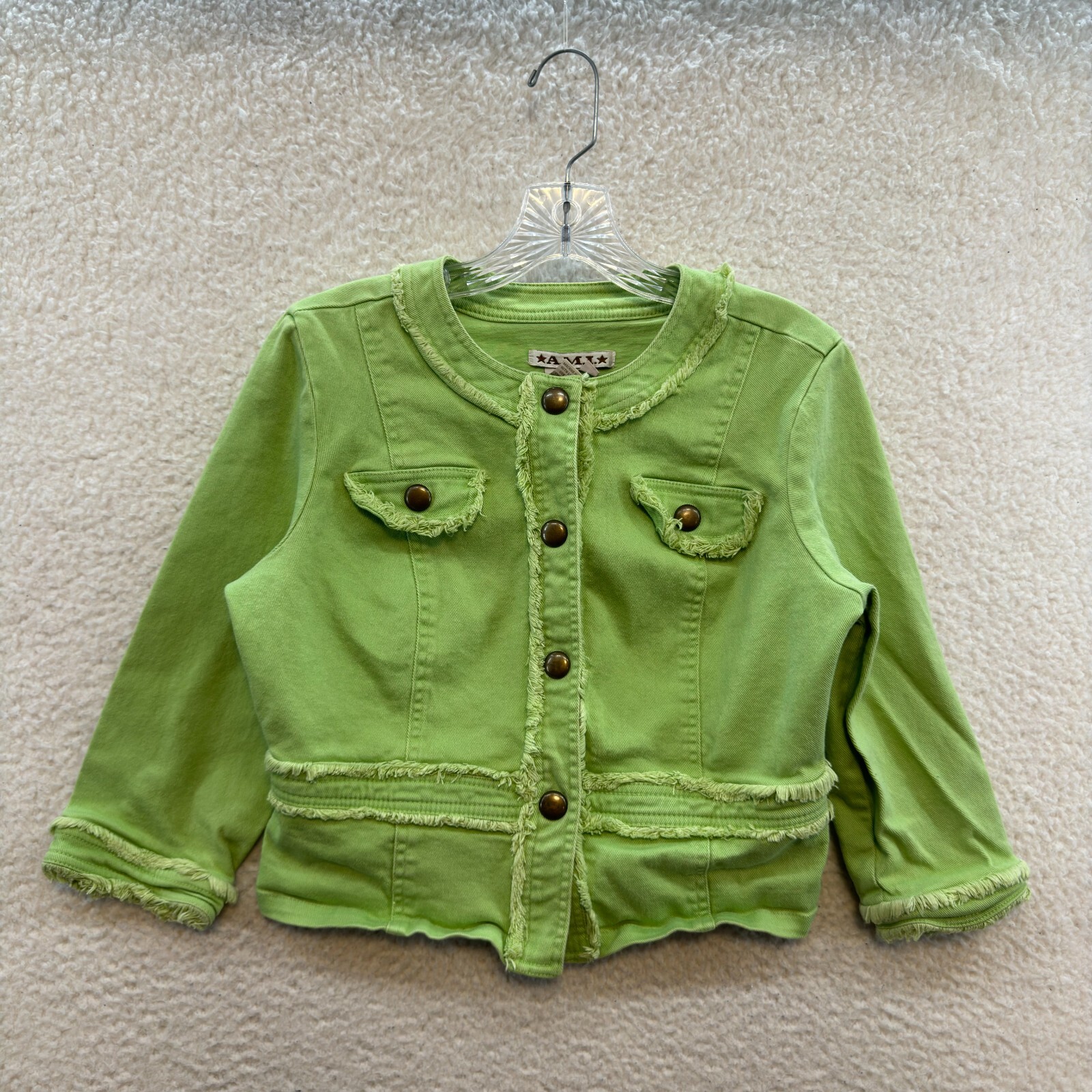 Y2K Vintage Denim Jacket Medium Lime Neon Green Military Cyber Rave