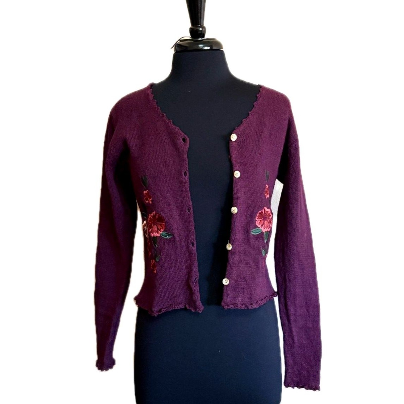 Wool and Cotton Embroidered Flower Cardigan Vtg Small