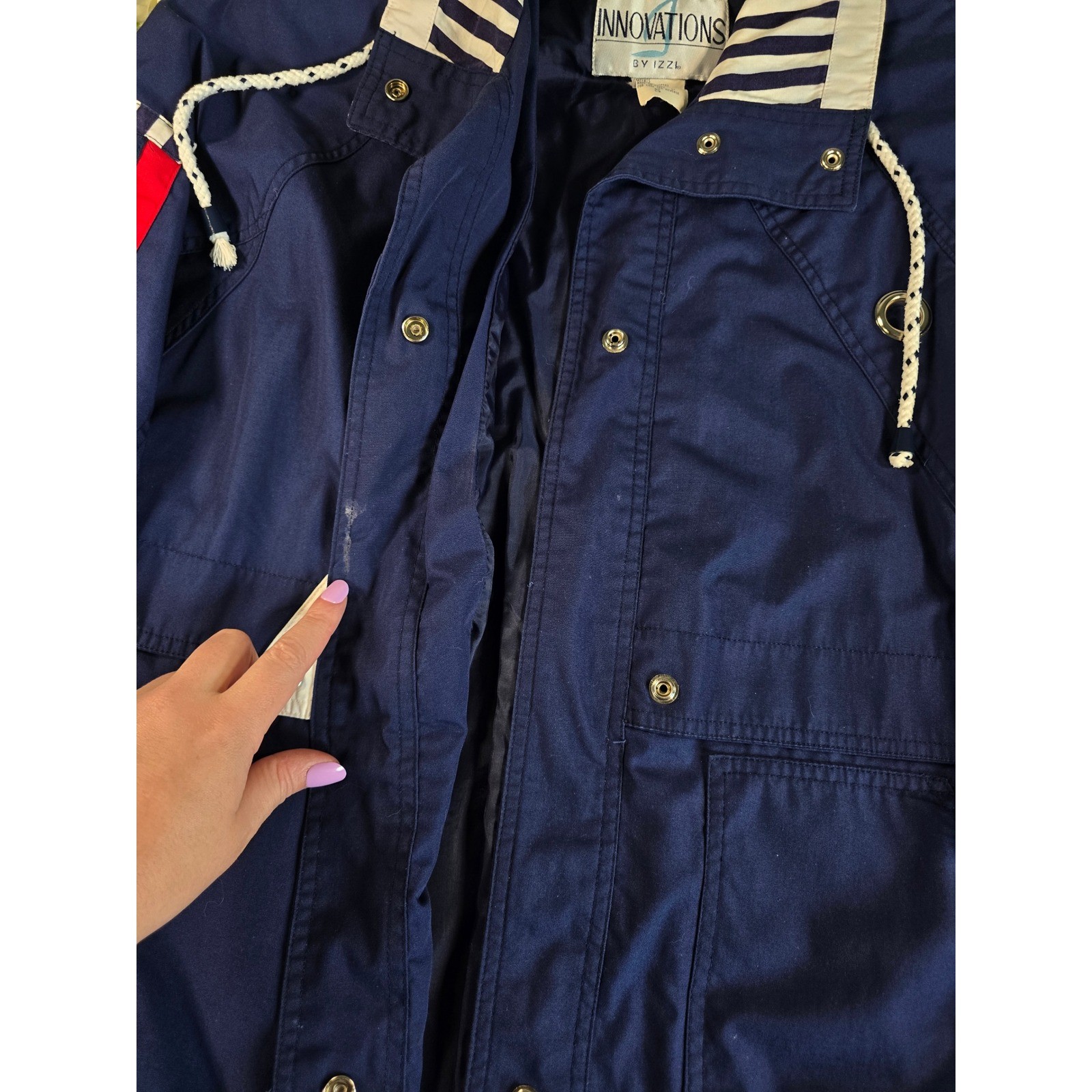 Vintage Innovations by IZZI Navy Blue Nautical Striped Windbreaker Jacket Small