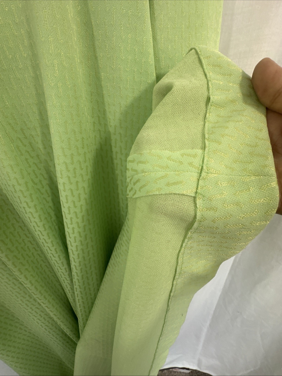 Vtg 60s Maxi Dress Empire Waist Green W/Gold Jacquard Beaded Trim 34″ Bust S 6/8