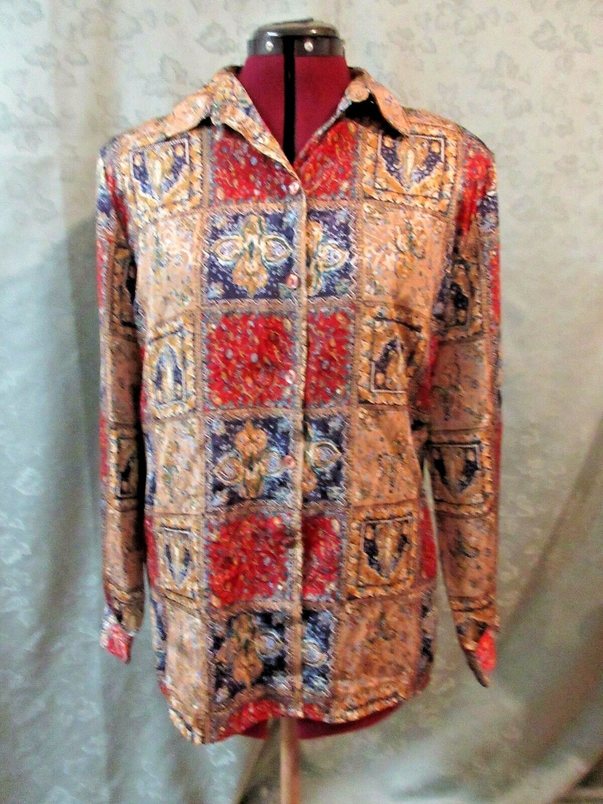 VTG 90’s Tan Jay Blouse Size 14 Scarf Jacquard Print Shirt Padded Shoulder Top
