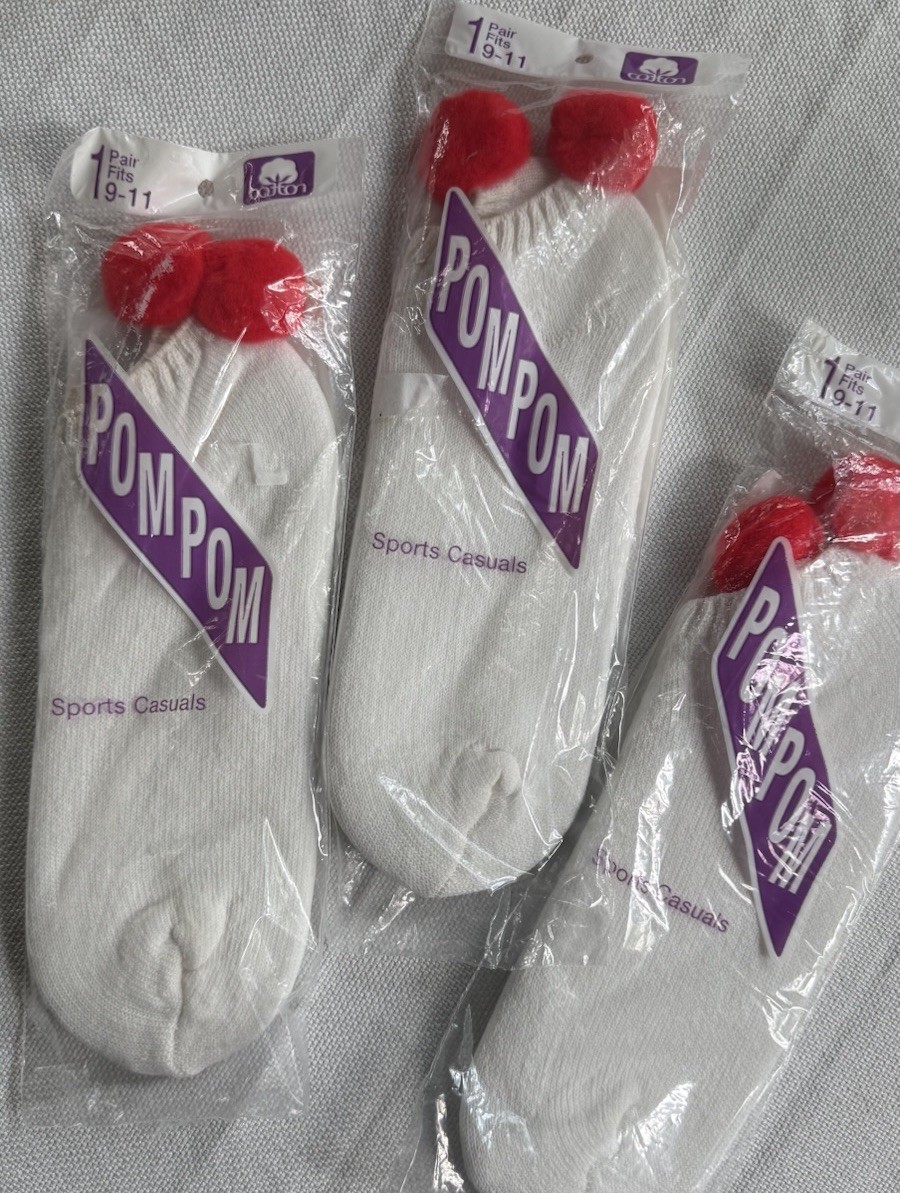 Vtg Lot 4 Socks Pom Pom No Show Ankle Red White Peds 80s Tennis Sports 9 11 L