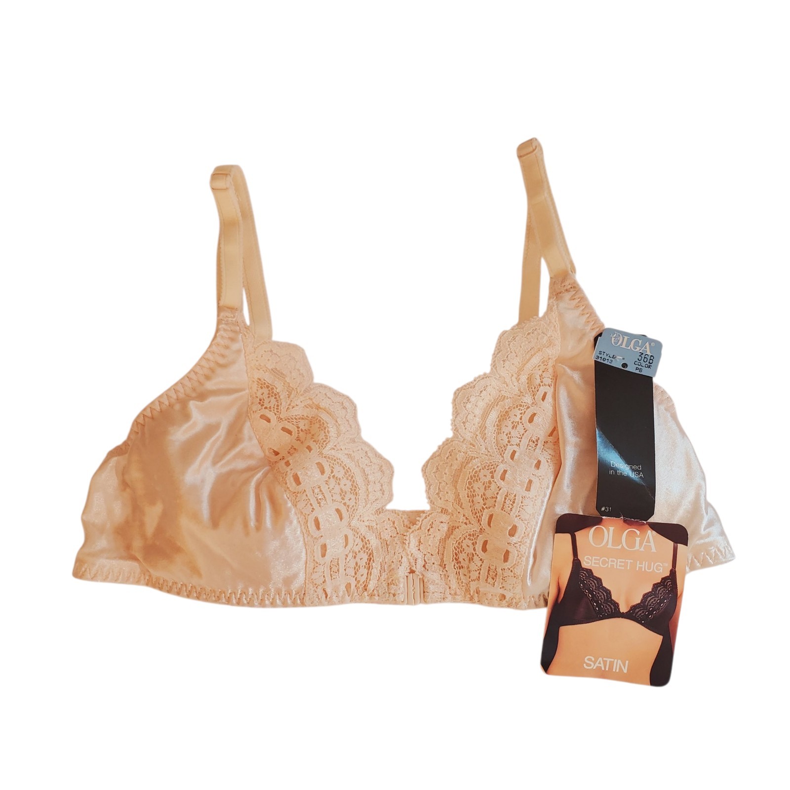 Vintage Olga Secret Hug Bra Size 36B Style 31013 front close lace satin NWT