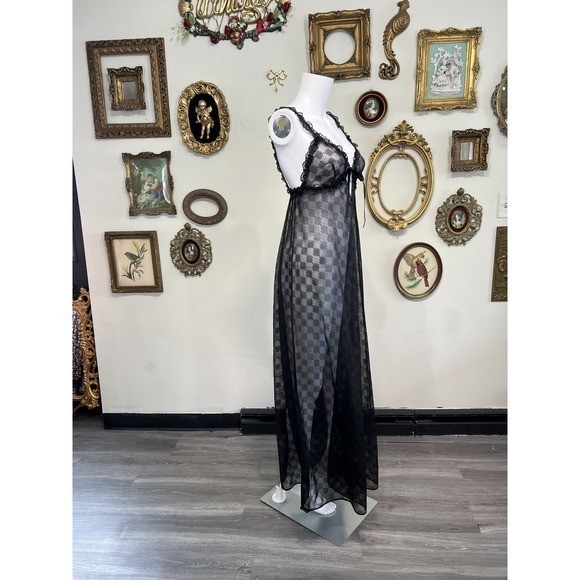 Vintage Glydons Hollywood Black lingerie Mesh Lace Maxi Nightgown Large USA
