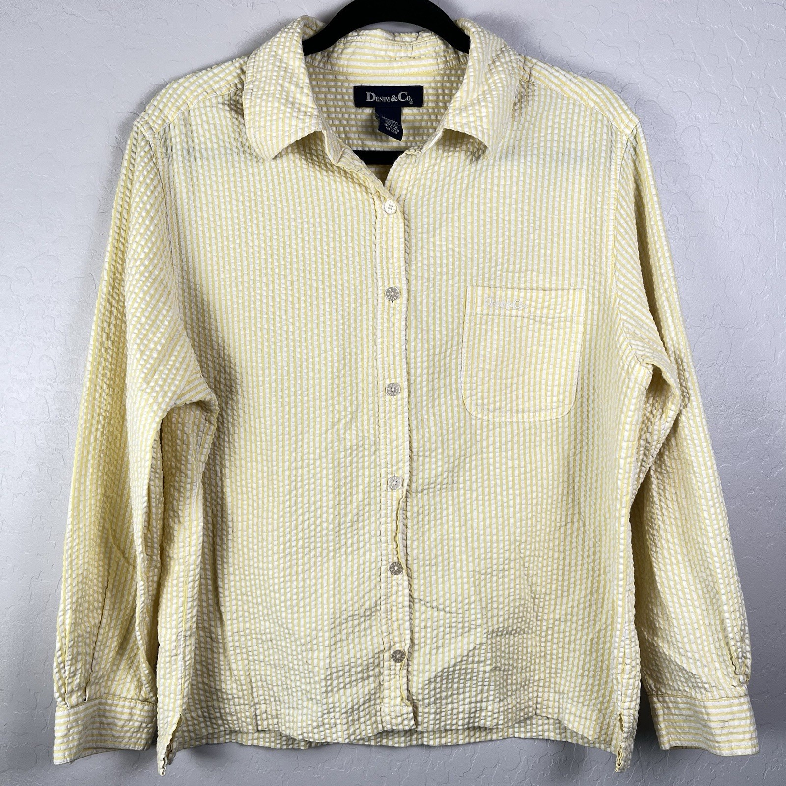 VTG Denim & Co Yellow And White Striped Long Sleeve Collard Button Up Shirt