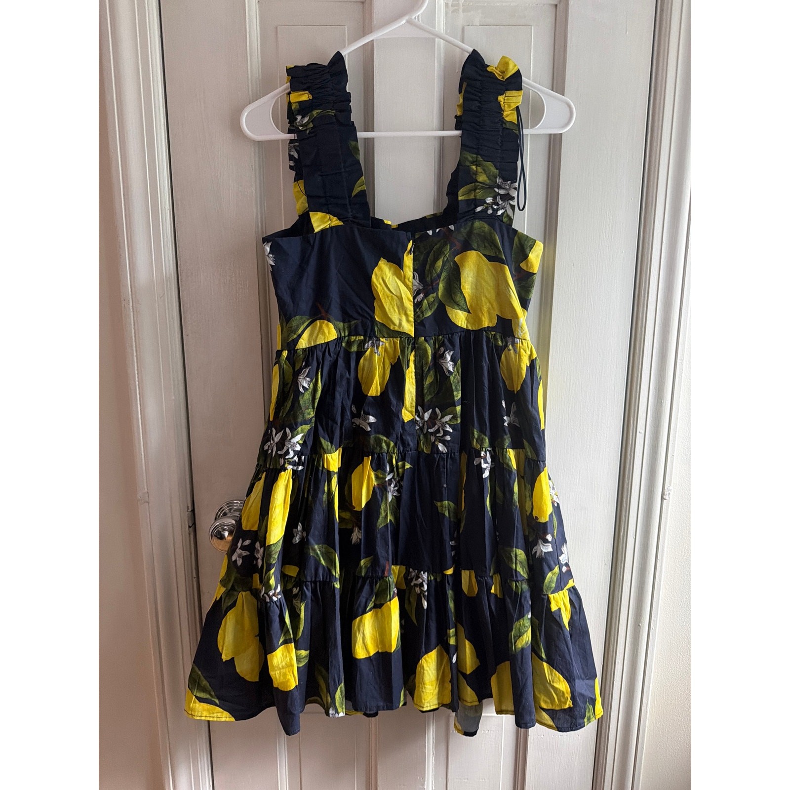 Aqua Navy Blue Lemon Print Ruffle Mini Dress S