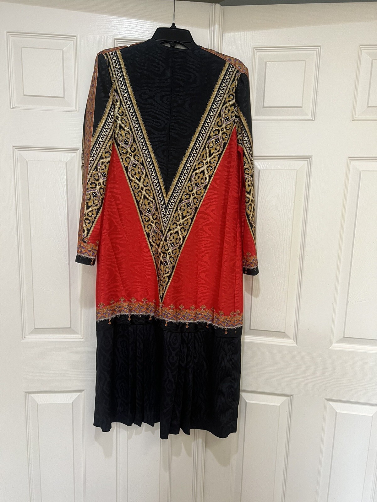 Vintage 80s Anthony Sicari Red Black Long Sleeves Scarf Dress 12 USA Made