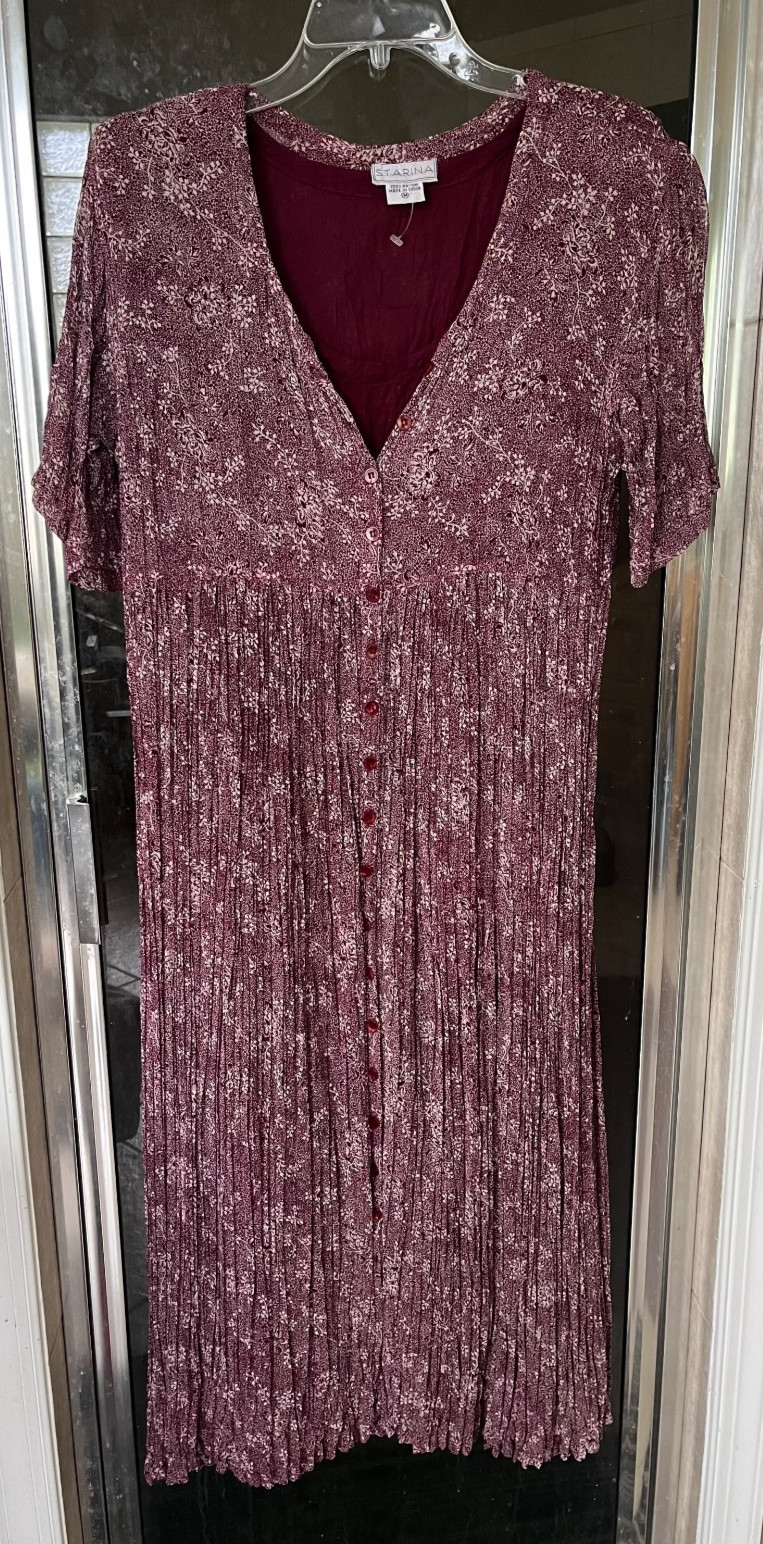 Vintage 90s NWOT STARINA Floral Print Burgundy Button Down 46″Midi Dress Women M