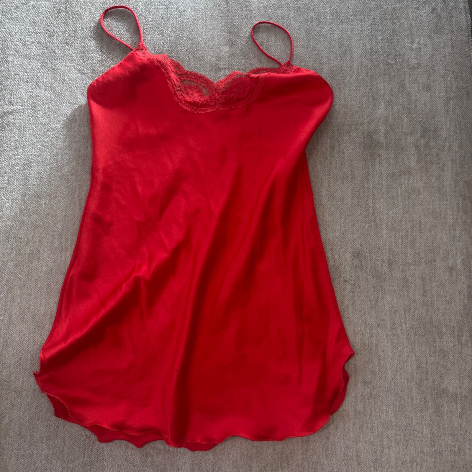 Vintage Victorias Secret Gold Label Red Satin Lace Trim Chemise Slip Dress Med