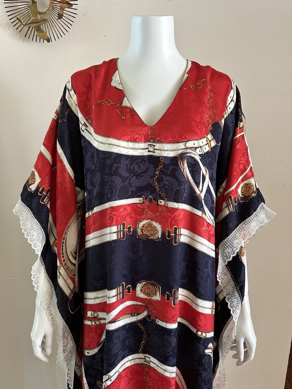 1970s Equestrian Scarf Print Caftan Dress Red Navy Gold Maxi Boho Resort Vintage