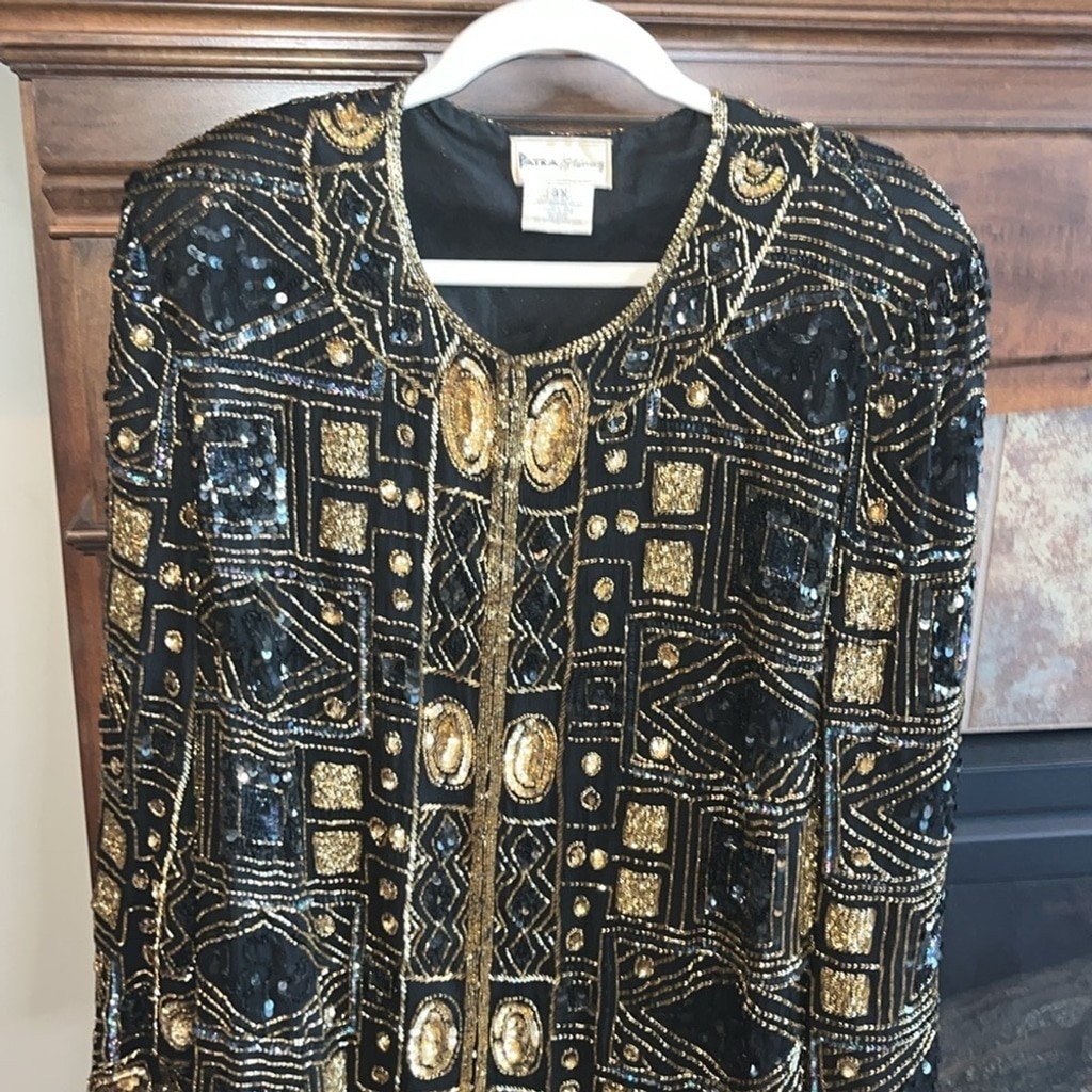 Vintage black and gold geometric beaded fancy silk formal evening jacket 1X